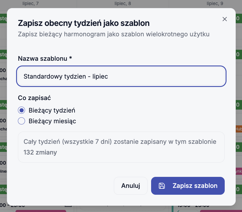 Okno Zapisz obecny tydzień jako szablon z nazwą szablonu i wyborem zakresu
