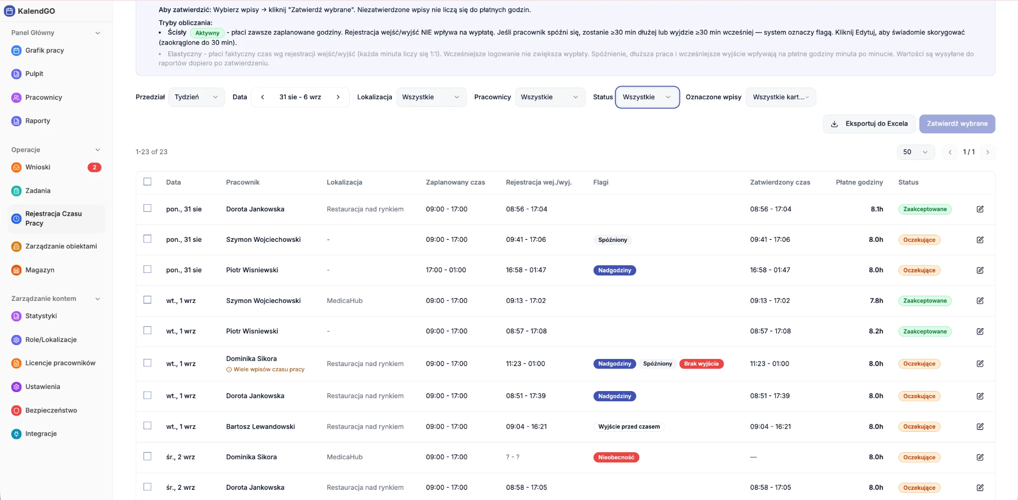 Lista kart pracy z flagami Spóźniony, Nadgodziny, Brak wyjścia, Wyjście przed czasem i Nieobecność
